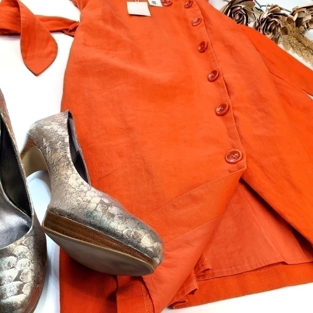 New JOIE Carmell Warm Terra Orange Linen Dress Size Large - Picture 5 of 16